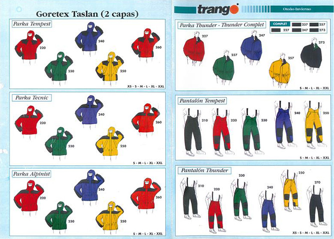Catalogues techniques Trangoworld avec Gore-Tex et Polartec, premiers en Espagne, années 90